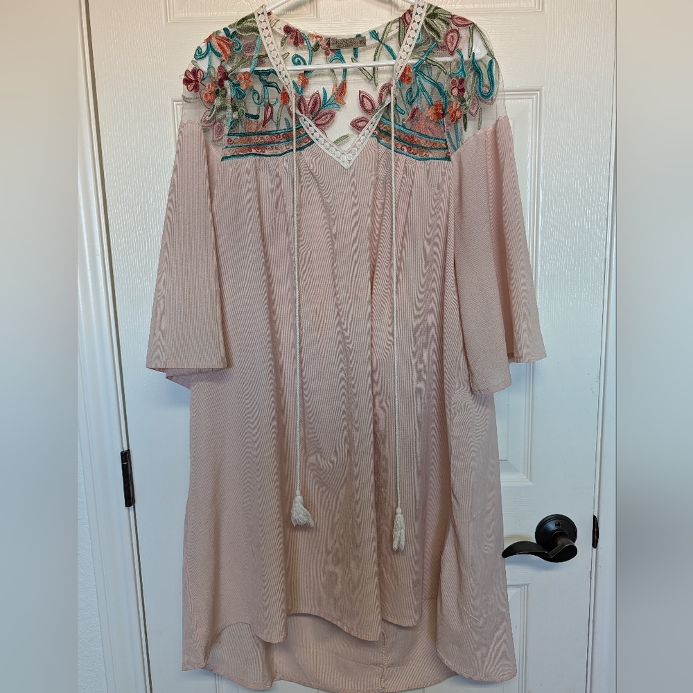 Anandas Beach Pool Cover Up Embroidered Sheer Womens XL Peach Tassels Hi Lo Boho